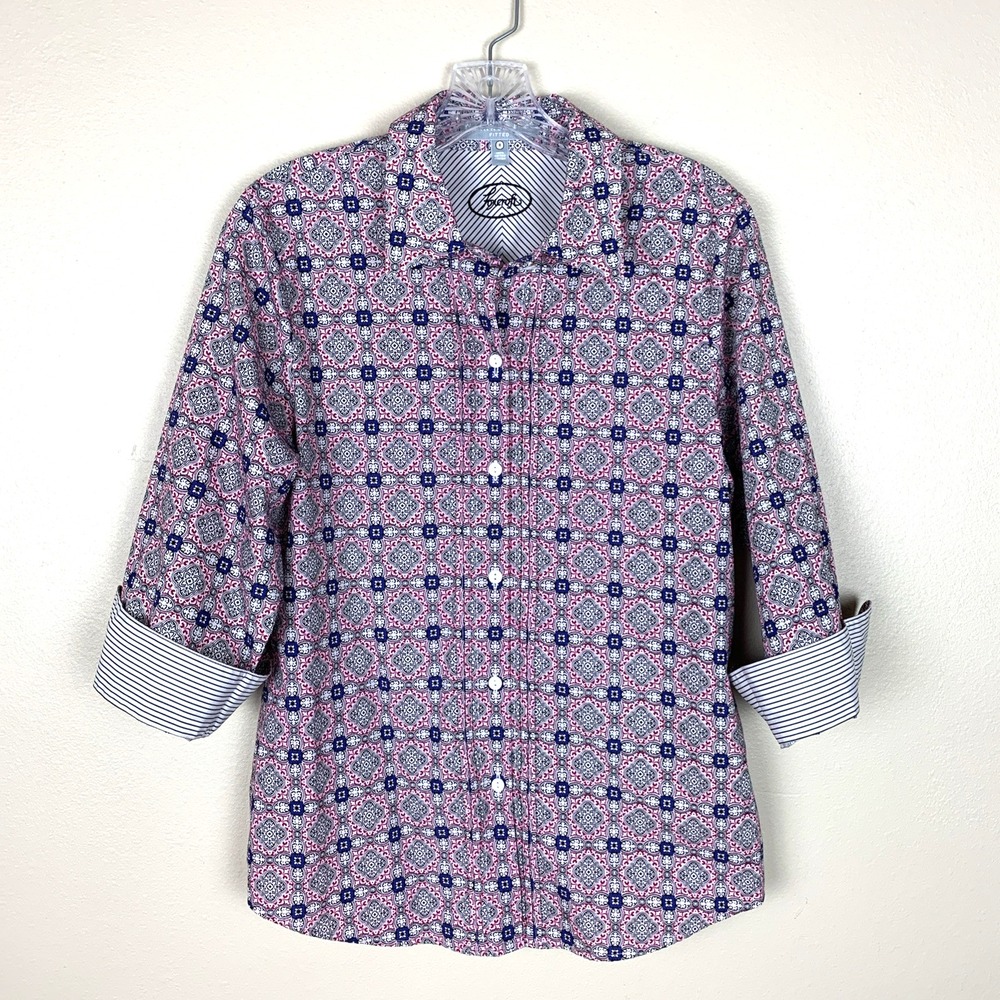 Foxcroft 3/4 Sleeve Button Up Shirt Blouse Tunic Contrast Trim Fitted Size 8